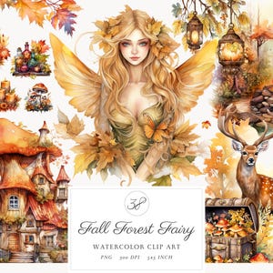 Bundle de cliparts aquarelle forêt automne fée PNG, illustrations magiques de conte de fées automne, livre de contes mignon fées fantastiques, téléchargement numérique