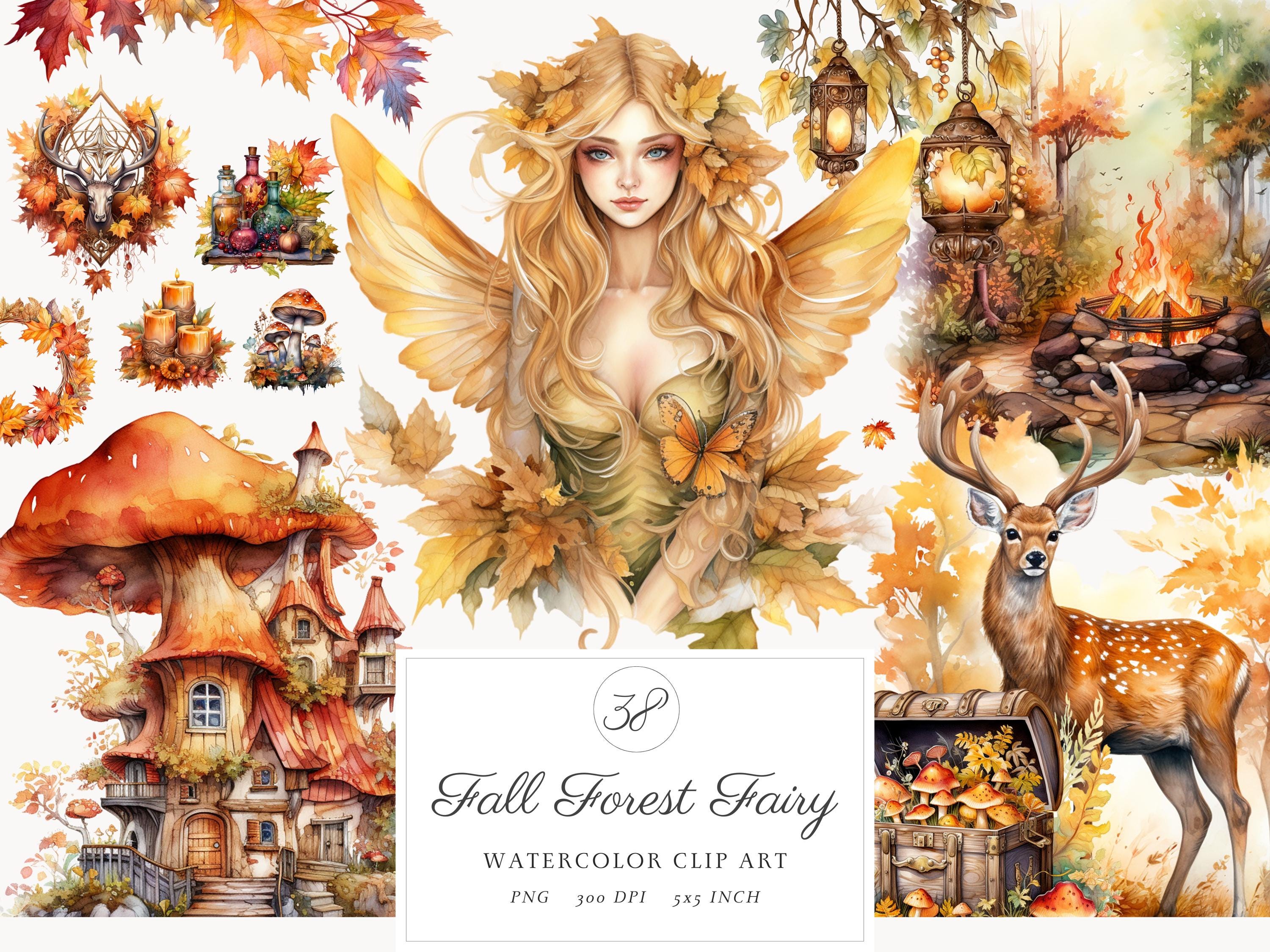38 Watercolor Fall Forest Fairy Clipart Bundle PNG, Magical Autumn Fairytale Illustrations, Fantasy Fairies Cute Storybook, Digital Download