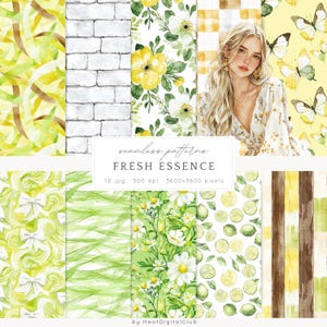 Op de afbeelding: Een set van 10 digitale naadloze patronen met aquarel illustraties van citroenen, limoenen, bloemen, vlinders en ruitjes. De patronen zijn in tinten geel, groen en wit. De tekst "seamless patterns FRESH ESSENCE 10 jpg 300 dpi 3600x3600 pixels by Heat Digital Club" is opgenomen in de afbeelding.