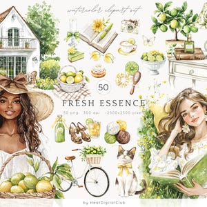 Clipart aquarelle essence fraîche, clipart printanier douillet, graphismes floraux, agrumes printaniers, fleurs, saisonnier, fille aquarelle, autocollants numériques