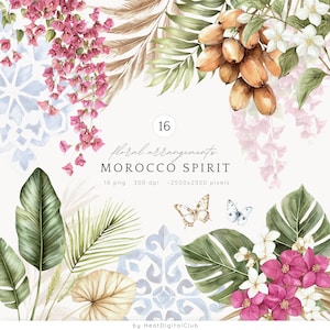 Compositions florales esprit aquarelle du Maroc ClipArt, compositions botaniques bougainvilliers jasmins PNG, téléchargement numérique d'été