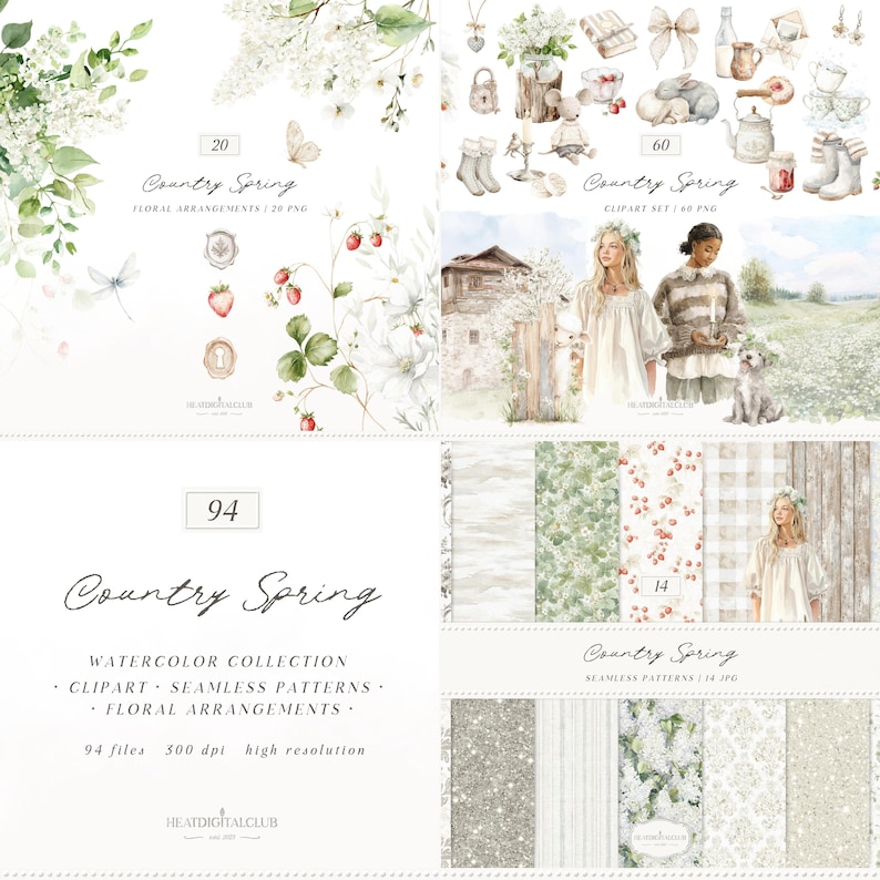 Watercolor Country Spring Clipart, Rustic Cottagecore PNG, Strawberry Garden, French Farmhouse, Soft Neutral Spring, Digital Download image 1