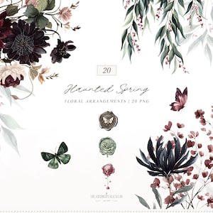 Puede incluir: Arreglos florales digitales con flores de color burdeos oscuro y negro, mariposas y elementos bot&aacute;nicos. El texto dice "Haunted Spring Floral Arrangements | 20 PNG". Incluye ilustraciones de sellos de cera.