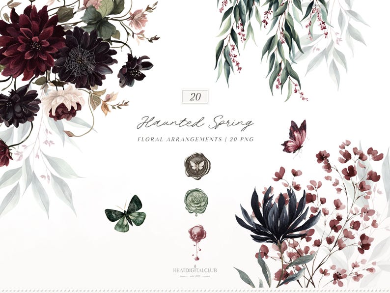 Puede incluir: Arreglos florales digitales con flores de color burdeos oscuro y negro, mariposas y elementos bot&aacute;nicos. El texto dice "Haunted Spring Floral Arrangements | 20 PNG". Incluye ilustraciones de sellos de cera.
