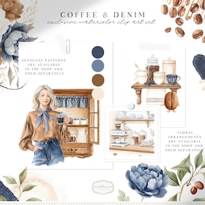 May include: A watercolour clip art set named "Coffee & Denim." The artwork includes coffee beans, floral arrangements, and illustrations of coffee-related items. The colour palette features shades of blue, brown, and beige. The text on the image says "exclusive watercolour clip art set."