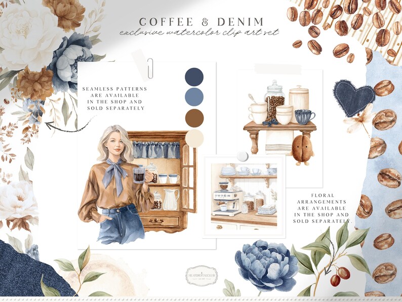 May include: A watercolour clip art set named "Coffee & Denim." The artwork includes coffee beans, floral arrangements, and illustrations of coffee-related items. The colour palette features shades of blue, brown, and beige. The text on the image says "exclusive watercolour clip art set."
