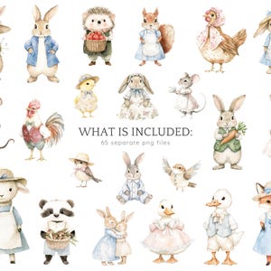Puede incluir: Un conjunto de 65 ilustraciones de acuarela con varios animales, incluyendo un erizo, una ardilla, un gallo, un panda, un pato, un zorro y un conejo. Las ilustraciones son de estilo caprichoso y son perfectas para agregar un toque de encanto a cualquier proyecto.