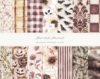 Watercolor Haunted Harvest Seamless Patterns, Farm Spooky Halloween Thanksgiving Day JPG, Digital Download