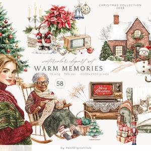 Clipart Noël aquarelle, clipart Noël confortable à l'ancienne, chaud vintage graphiques PNG, clipart vacances, Images de Noël, téléchargement numérique