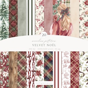 Op de afbeelding: Een verzameling van 20 naadloze patronen met een kerstthema. De patronen omvatten ruitjes, bloemen en strepen in rood, groen en wit. De afbeelding bevat ook een aquarel illustratie van een vrouw met een strik in haar haar.