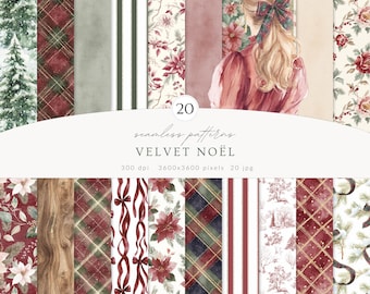 Diseños navideños en acuarela, papel navideño Velvet Noel (descarga digital)