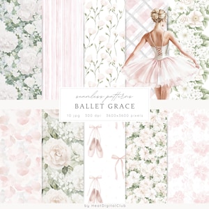 Puede incluir: Un conjunto de 10 patrones digitales sin costuras que presentan una bailarina, zapatillas de ballet y diseños florales en rosa y blanco. Los patrones son de 3600x3600 píxeles y 300 ppp. El texto "seamless patterns BALLET GRACE 10 jpg 300 dpi 3600x3600 pixels by HeatDigitalClub" está incluido en la imagen.