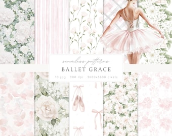 Watercolor Ballet Grace Seamless Patterns, Balletcore JPEG, Pink Floral Pattern, Flowers, Digital Repeating pattern, Scrapbook Paper