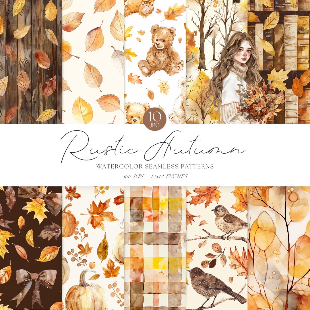 Watercolor Rustic Autumn Seamless Patterns, Neutral Fall Pattern JPEG ...