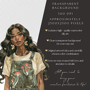 Op de afbeelding: Een aquarel-illustratie van een persoon met lang donker haar die een groene overall draagt met een wit shirt. De overall heeft een paddenstoel- en vlinderontwerp. De achtergrond is transparant.
