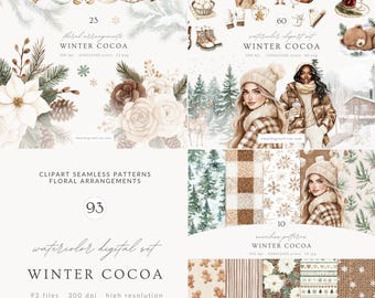 Winter Cocoa Watercolor Clipart and Patterns Collection | Elegant Cozy Winter Christmas PNG Digital Download