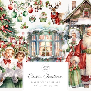 Aquarel kerst PNG clipart bundelafbeeldingen, klassieke kerst clipart, vakantie clipart, digitale kerstman clipart, gratis commercieel gebruik