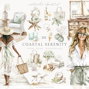 Aquarel kust sereniteit clipartbundel, strandtijd PNG-illustraties, neutrale zomerstrand, mode kustvakantie, commercieel gebruik