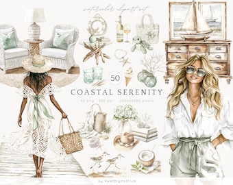 Watercolor Coastal Serenity Clipart Bundle, Beach Time PNG Clip Art, Neutral Summer Beach, Fashion Coastal Vacation, Commercial Use
