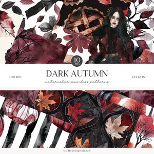 May include: Ten watercolor seamless patterns featuring dark autumn themes. The patterns include pumpkins, leaves, branches, and a pie. The patterns are 12x12 inches and 300 DPI.