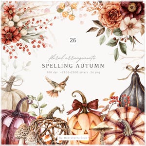 Aquarell Rechtschreibung Herbst Blumen Clipart, Herbst Cottagecore PNG Blumen, Herbstblumen Clipart, Herbst Hexe Kürbisse, gemütliche botanische PNG