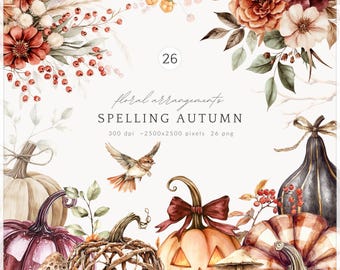Watercolor Autumn Floral Clipart Set, Cottagecore PNG (Digital Download)