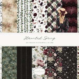 Puede incluir: Una colecci&oacute;n de 14 patrones sin costuras con una est&eacute;tica vintage. Los patrones presentan dise&ntilde;os florales, fondos texturizados y una mujer con un vestido y sombrero. Se muestra el texto "Haunted Spring" y "Seamless Patterns / 14 JPG".