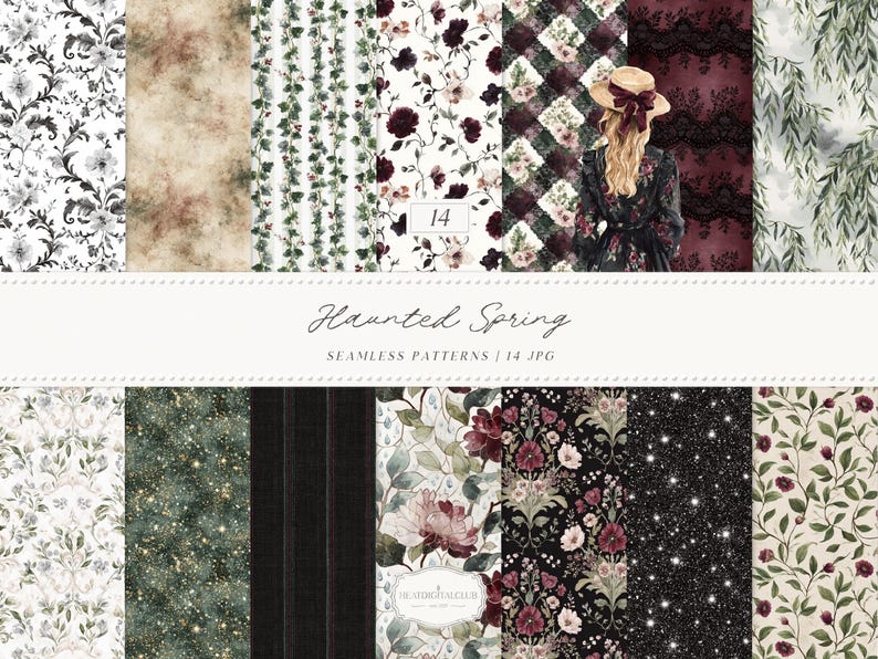 Puede incluir: Una colecci&oacute;n de 14 patrones sin costuras con una est&eacute;tica vintage. Los patrones presentan dise&ntilde;os florales, fondos texturizados y una mujer con un vestido y sombrero. Se muestra el texto "Haunted Spring" y "Seamless Patterns / 14 JPG".