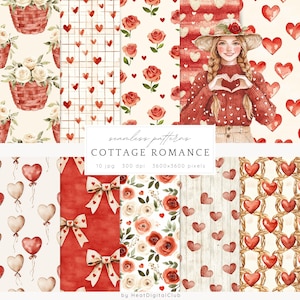 Könnte beinhalten: Ein Set mit 10 digitalen nahtlosen Mustern mit Aquarell-Illustrationen von Herzen, Rosen, Schleifen und einem Mädchen in einem roten Pullover. Die Muster sind mit "Cottage Romance" betitelt und haben eine Auflösung von 300 dpi und eine Größe von 3600x3600 Pixel.
