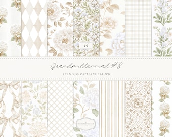 Watercolor Grandmillennial Set 8 Seamless Patterns, Beige Neutral Floral JPEG, Estate Botanical, Stripes, Damask Digital Repeating Patterns