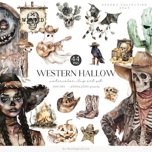 Aquarell Halloween Western Clipart, gruselige Clip Art, Cowgirl, Skelett, Geist, Ranch Grafiken PNG, lustiger Herbst, digitaler Download