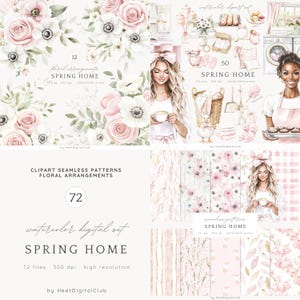 Clipart maison de printemps aquarelle, clipart printemps confortable, graphiques floraux, printemps mignon, fleurs, saison, fille aquarelle, autocollants numériques