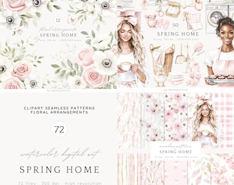 Watercolor Spring Home Clipart, Cozy Spring Clip Art, Floral graphics, Cute Spring, flowers, seasonal, watercolor girl, digital stickers