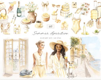 Watercolor Summer Aperitivo  Clipart, Italian Lemon Clipart, Limoncello Aesthetic, Citrus Clipart, Mediterranean Travel PNG, Digital