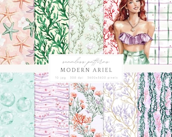 Patrones sin costuras de Ariel modernos en acuarela, papel digital de sirena, fondos marinos JPG, océano coral, patrón repetido, papel para álbum de recortes