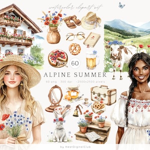 Aquarel alpenzomer clipart, Beiers huisje clipart, zomer meisje clipart, alpennatuur, rustiek platteland png, digitale download