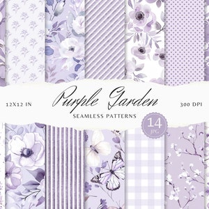 Aquarell Lila Garten Nahtlose Muster, Pastell Blumen JPEG, Streifen Plaid Glitter Shabby Chic Printable Scrapbook Papier Junk Journal