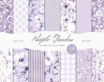 Watercolor Purple Floral Seamless Patterns, Shabby Chic Scrapbook Paper, JPEG (Digital Download)