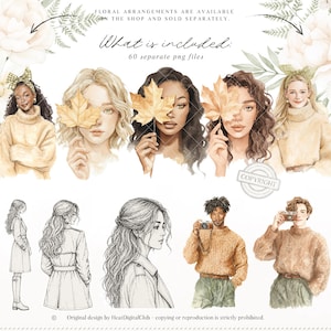 May include: Digital art featuring watercolor illustrations of women and men, some holding autumn leaves. The image includes sketches of figures in coats and sweaters, and text that reads "What is included: 60 separate png files."