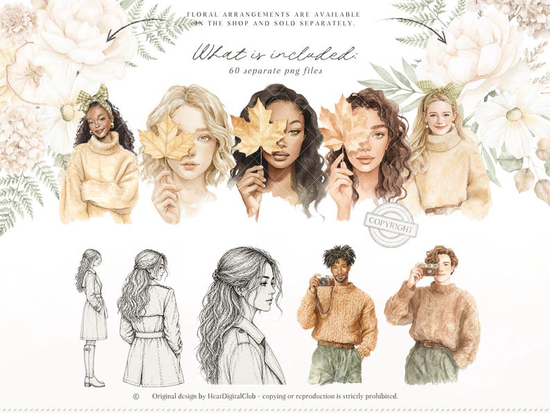 May include: Digital art featuring watercolor illustrations of women and men, some holding autumn leaves. The image includes sketches of figures in coats and sweaters, and text that reads "What is included: 60 separate png files."