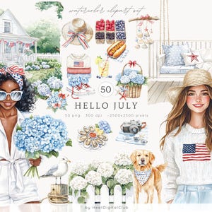 Imágenes prediseñadas de acuarela "Hola julio", imágenes prediseñadas del Día de la Independencia, 4 de julio PNG, patriótico, Estados Unidos, imágenes prediseñadas de verano, descarga digital