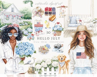 Watercolor Hello July Clip Art, Independence Day Clip Art, 4th of July PNG, Patriotic, America, American, Summer Clipart, Digital Download