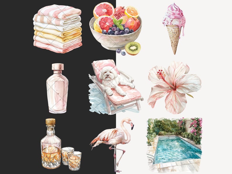 May include: A watercolor illustration of a summer vacation scene with a pink flamingo, a pool, a dog on a lounge chair, a bowl of fruit, a bottle of perfume, a bottle of liquor, two shot glasses, a pink hibiscus flower, and a pink ice cream cone.