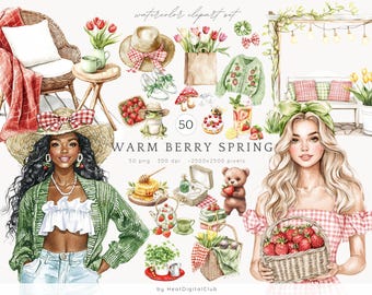 Watercolor Warm Berry Spring Clipart, Cottage Spring Summer, Cozy Springtime PNG, Floral Clip Art, Digital Download Stickers, Commercial Use