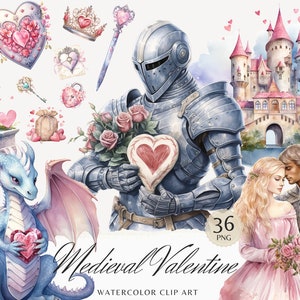 Paquete de imágenes prediseñadas de San Valentín medieval en acuarela, imágenes prediseñadas PNG del día de San Valentín, imágenes prediseñadas románticas de amor, pegatinas de descarga digital, uso comercial