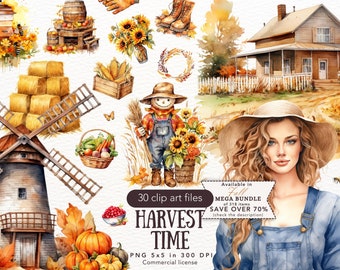 Watercolor Harvest Time Fall Clipart, Romantic Autumn Farm PNG Bundle Commercial Use, Farmhouse, Pumpkin  Clip Art, Card Making Stickers