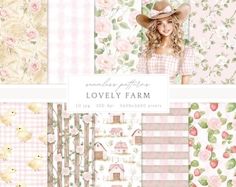 Watercolor Lovely Farm Seamless Patterns, Digital Paper, Pink Gingham Strawberry Chicken Baby Farm Patterns, Pastel Country Backgrounds