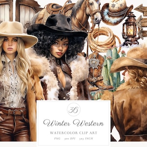 Aquarell Winter Western Clipart Bundle, Cowgirl Texas Pferderanch Cowboy Kuh Grafiken PNG, Cottagecore, sofortiger Download, kommerzielle Nutzung