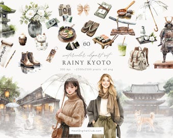 Watercolor Rainy Kyoto Clipart Set, Japanese Aesthetic Clipart, Cozy Rainy City PNG, Kyoto Travel PNG, Japan Clipart, Digital Download