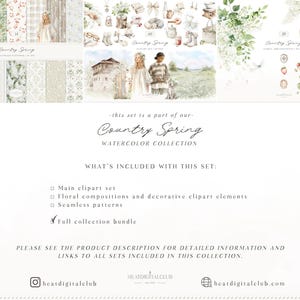 May include: A digital watercolor collection titled "Country Spring" with floral and decorative elements. The image includes a variety of seamless patterns, clipart, and a full collection bundle. The text on the image says "Country Spring Watercolor Collection."